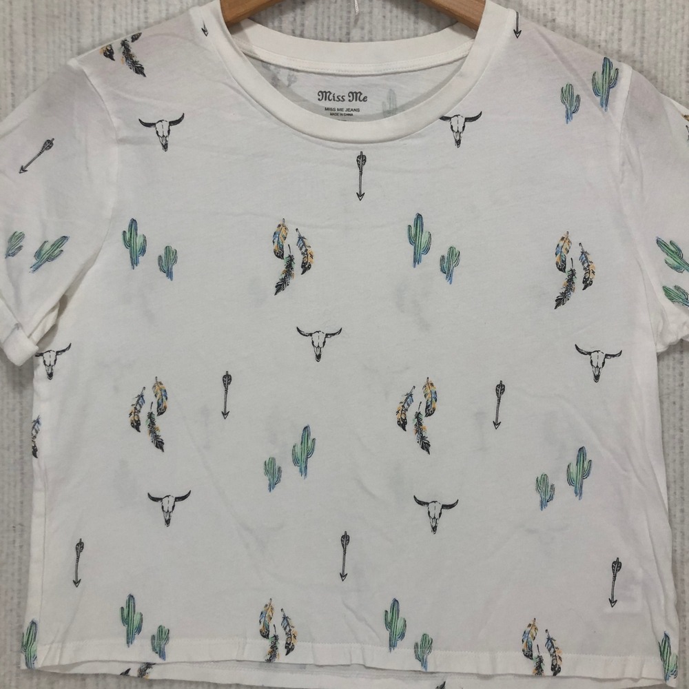 Miss Me Jeans Womens White Southwestern Cactus Steer Skull Crop Top Tee M‎